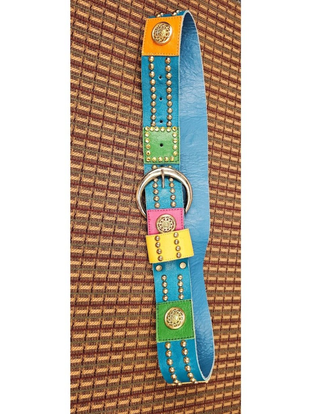 Michael Morrison Colorful Leather Belt With Gold Studs & Buckle Size M Multicolo